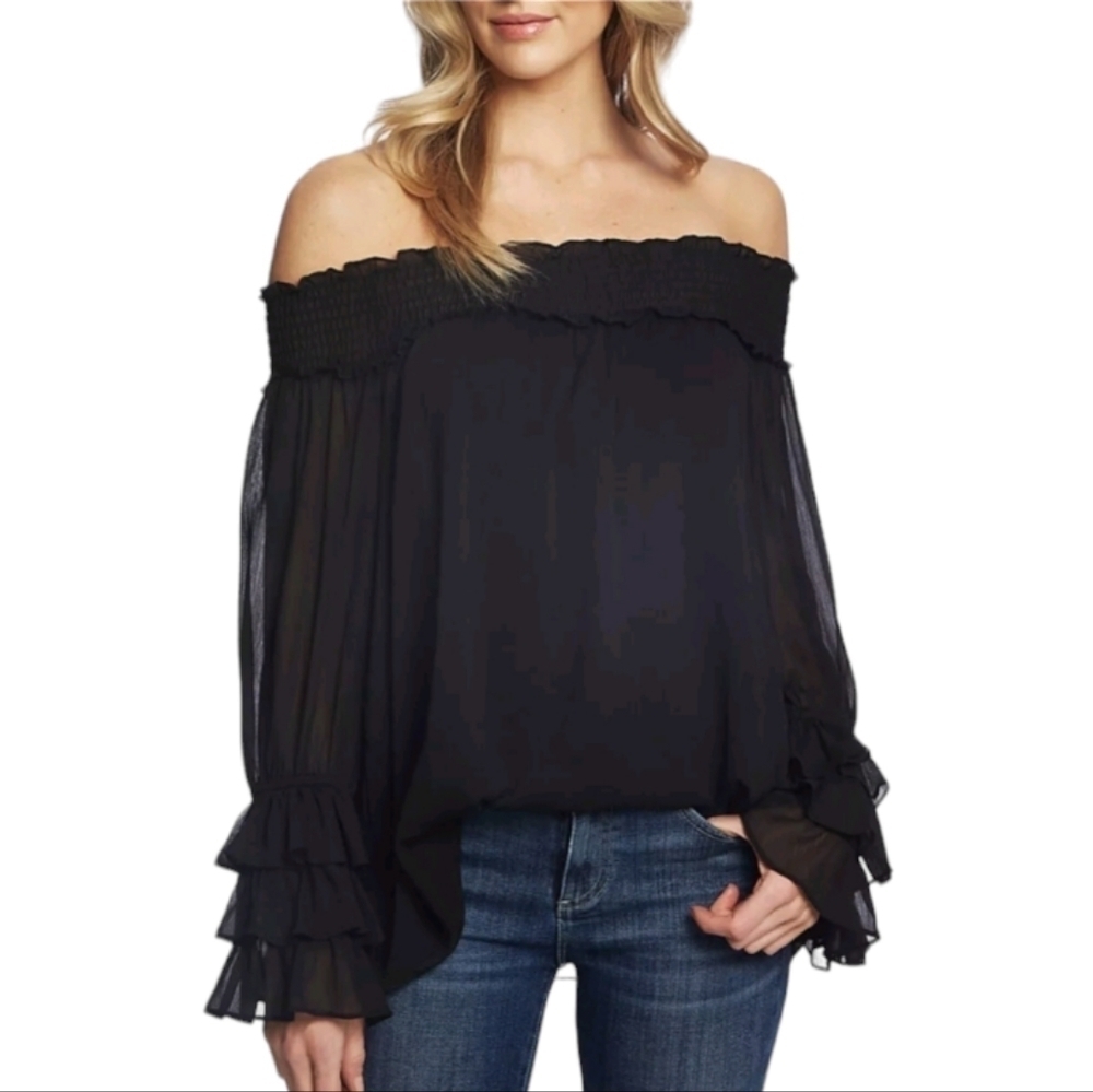 CeCe Womens Off the Shoulder Sheer Longsleeve Ruffle Wrist Black Blouse‎ Size S